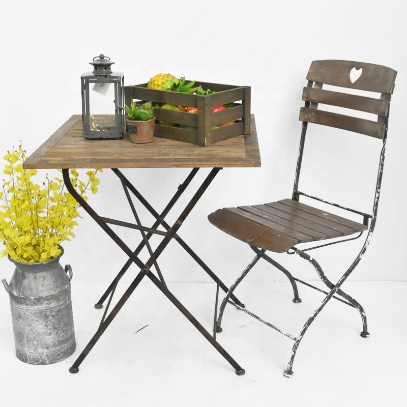 Luckywind Antique Vintage Rustic Metal Folding Bistro Set, Outdoor Garden Furniture Set Wooden Metal Folding Table And Chairs