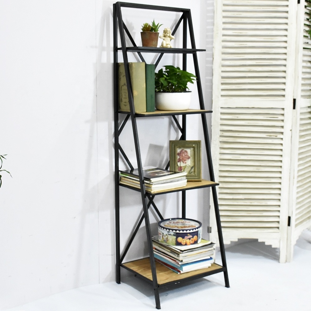 Modern Antique 4 Tier foldable Metal Wooden Bookcase, Folding Decorative Industrial Metal Wood Ladder Book Shelf, Wood BookShelf