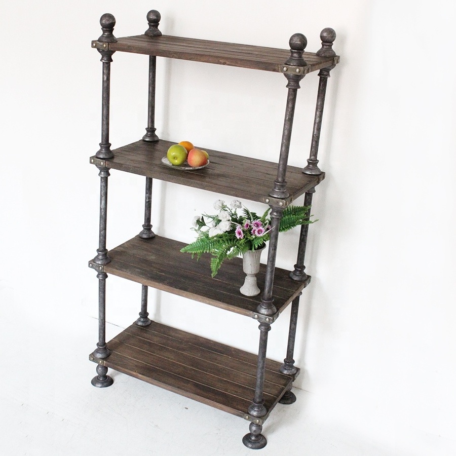 furniture 4-Tier Etagere Bookcase, Solid Fir Open Wood Shelves, Rustic Farmhouse Industrial Pipe Metal and Wood Style Bookshelf