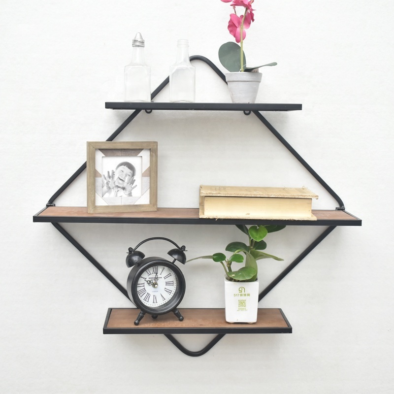 Diamond Shaped 3- Tiers Folding Iron Wall Shelf Living Room, Home Decoration Wood Board Metal Frame Wall Display Floating Shelf