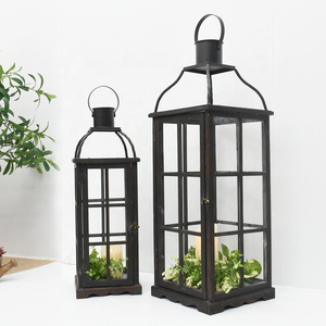 Luckywind Set of 2 Large Rustic Farmhouse black Tall hurricane Lantern outdoor Garden Decor Wood LED Candle Holder Lantern