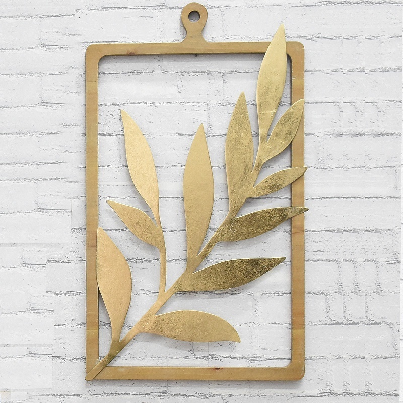 Home Interior House Bedroom Display Lobby Gold Wood Frame Wrought Iron Metal Hanging Flower Leaf Art Wall Decor For Living room