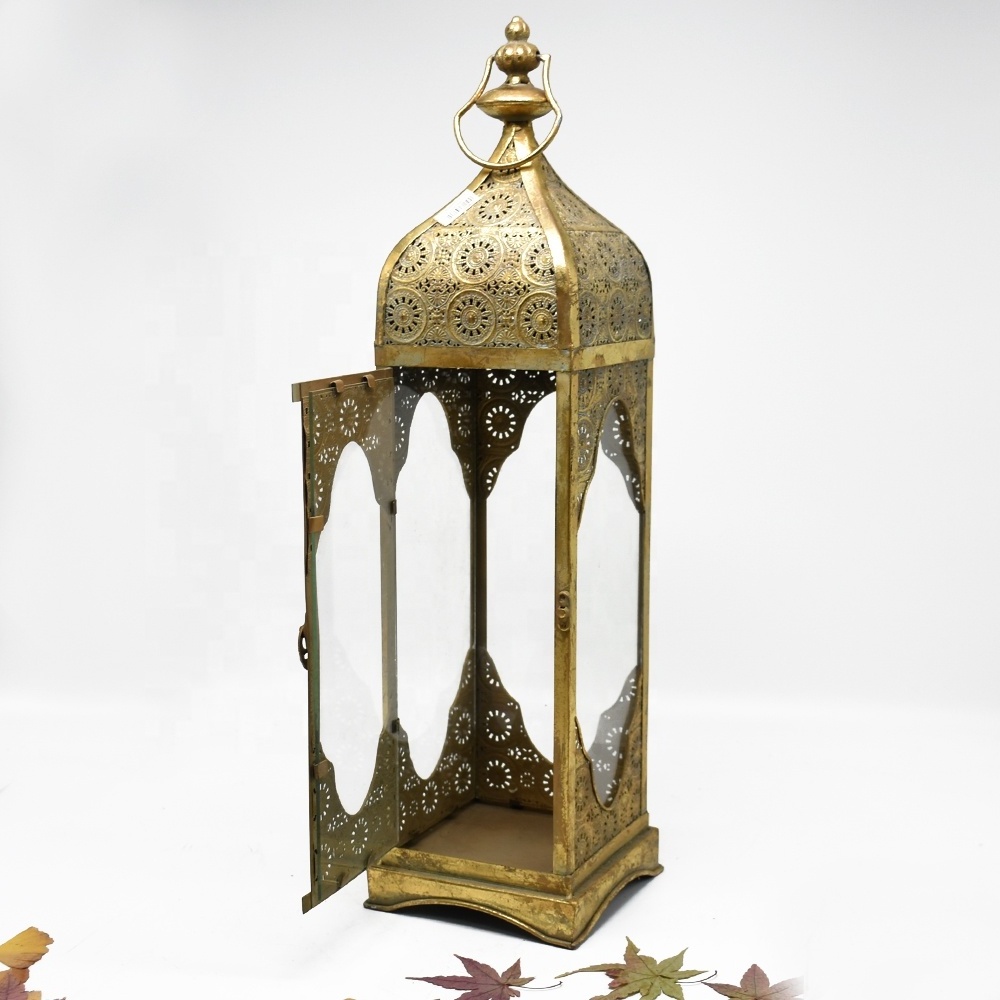 Luckywind Large Antique Golden Leaf Vintage Moroccan Metal Lantern Candle Holder