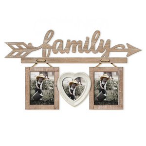 Rustic Farmhouse Vintage 3 opening Wood Family Decorative Wall Hanging Love Heart Shape Collage Picture Frame With Rope