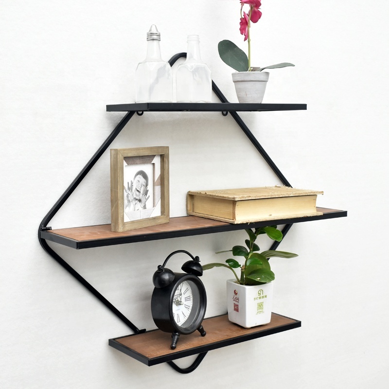 Diamond Shaped 3- Tiers Folding Iron Wall Shelf Living Room, Home Decoration Wood Board Metal Frame Wall Display Floating Shelf