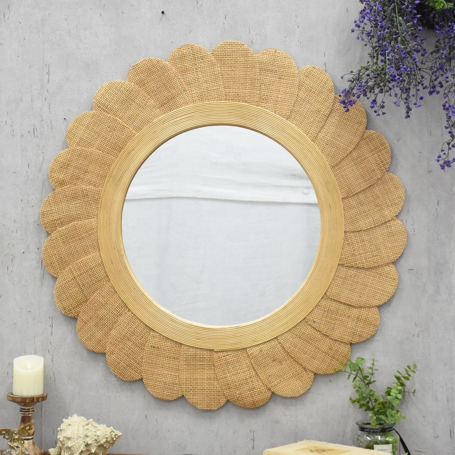 Home Decoration Flower Shaped Natural Rattan Cane MIRROR Living Room Hand woven Rattan Wall Decoration Mirror