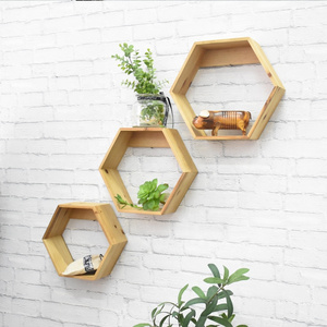 Hexagon Floating Shelf Honeycomb Geometric Wall Decor, Wall Mounted Wooden hexagon Display Shelf Farmhouse Rustic Kitchen Decor