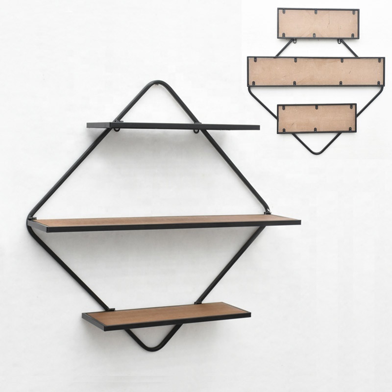 Diamond Shaped 3- Tiers Folding Iron Wall Shelf Living Room, Home Decoration Wood Board Metal Frame Wall Display Floating Shelf