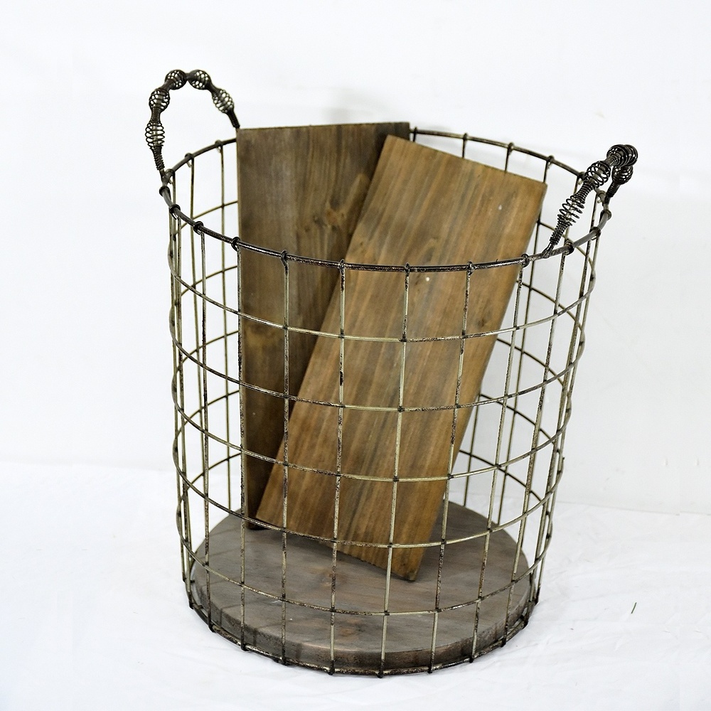 Luckywind Wooden Bottom Antique vintage Industrial Metal Wire Storage Basket With Handle