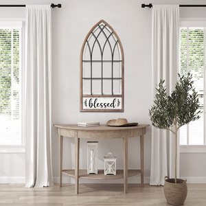 Luckywind Vintage Rustic Brown Frame Black Metal Rustic Cathedral Arch Window Frame Wood Wall Decor - Farmhouse Home Wall Decor