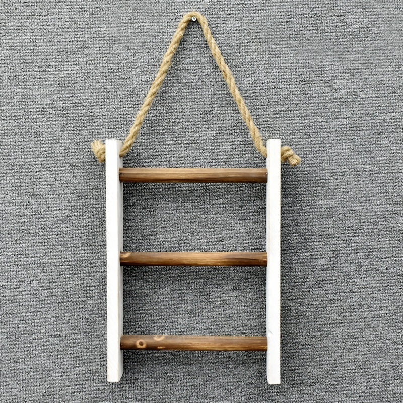 Rustic Whitewashed Wood Wall Hanging 3 Tier Hand Towel Ladder Rack, Bathroom Towel Storage Rack with Top Rope