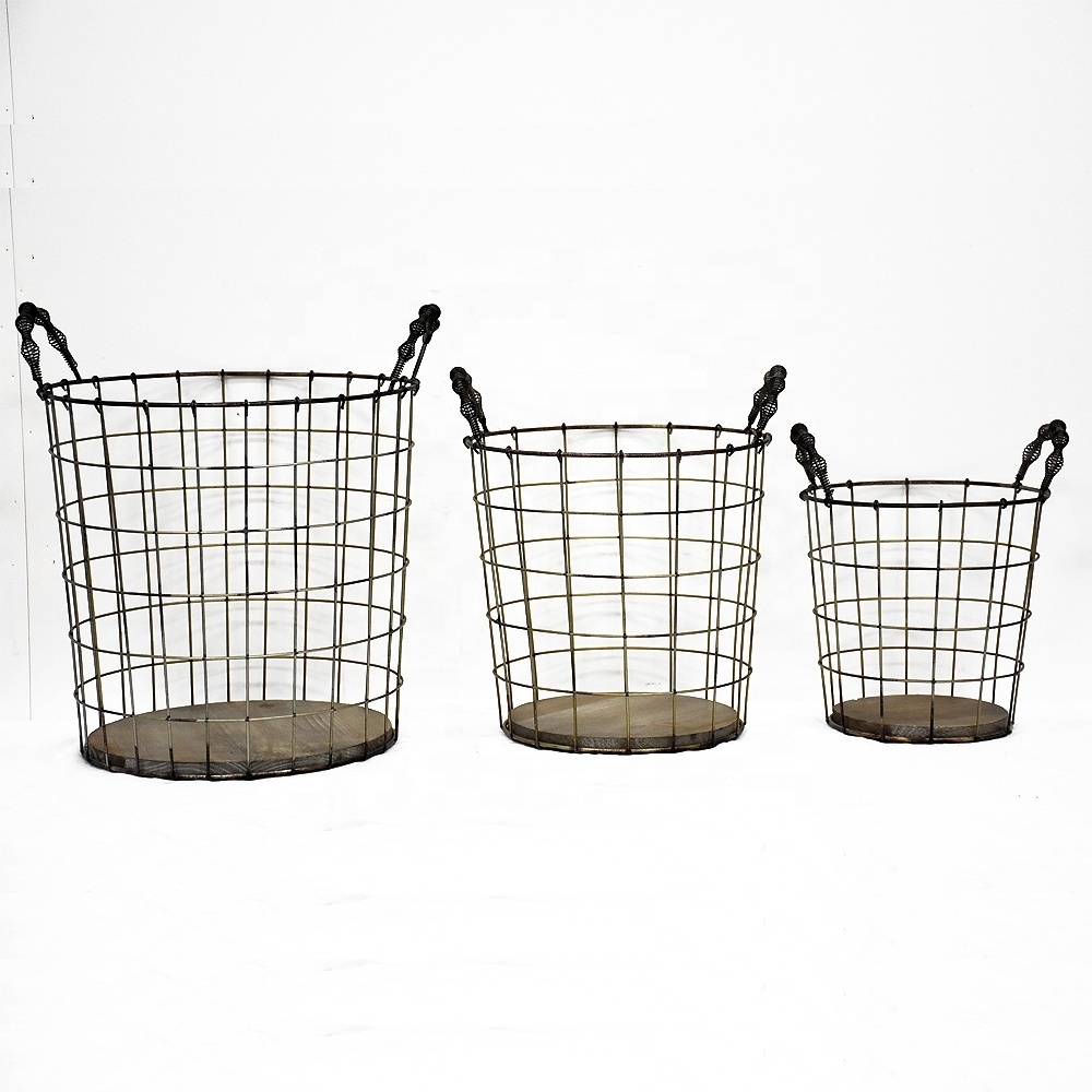 Luckywind Wooden Bottom Antique vintage Industrial Metal Wire Storage Basket With Handle