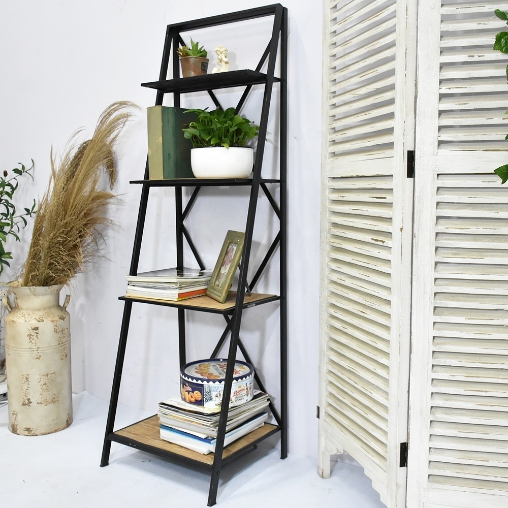 Modern Antique 4 Tier foldable Metal Wooden Bookcase, Folding Decorative Industrial Metal Wood Ladder Book Shelf, Wood BookShelf