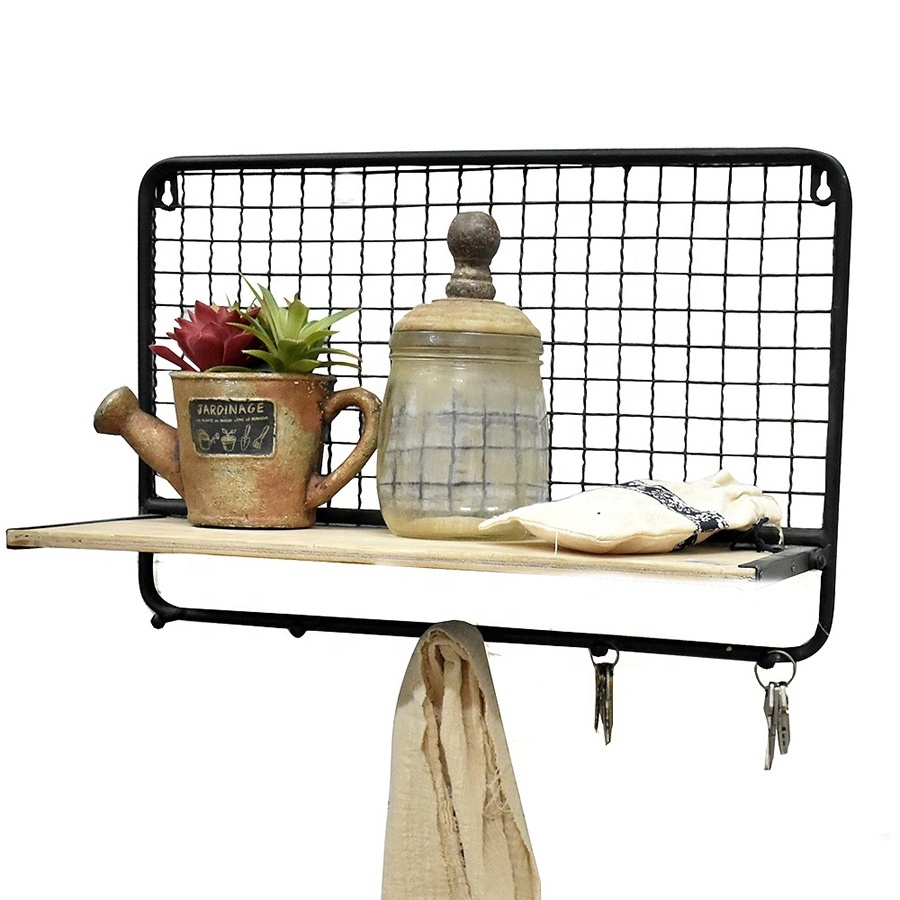 small decorative wall storage retro metal shelf with hooks