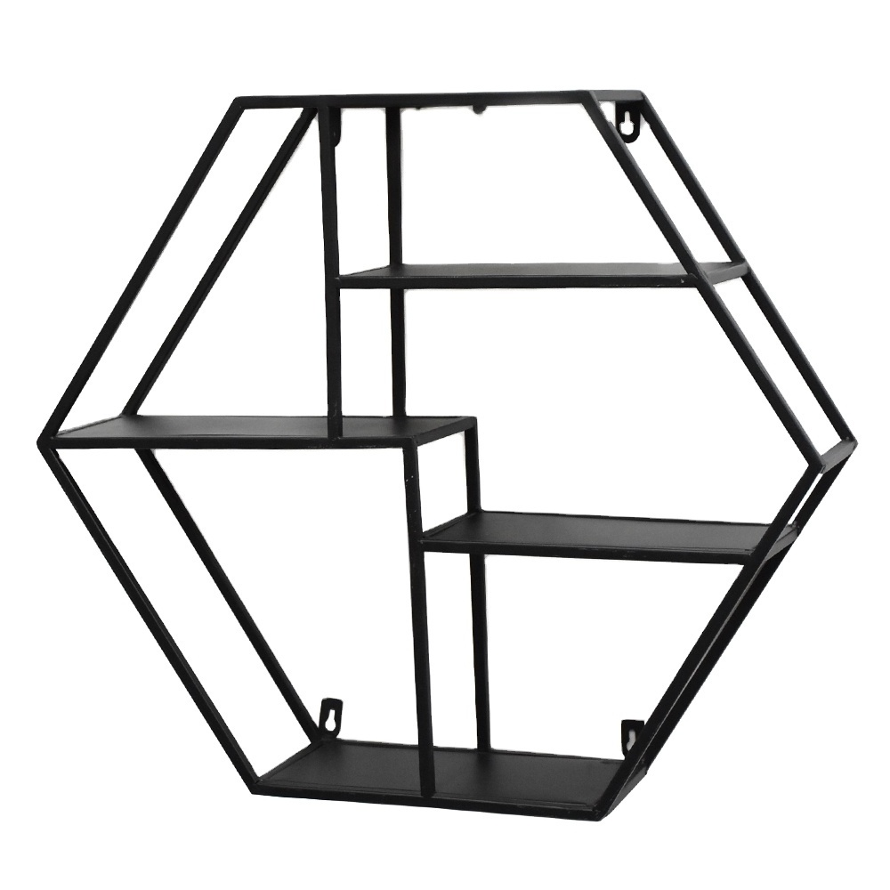 Luckywind Hot Sell Hexagon Black Metal Display Hanging Shelf Storage Racks Home Decor Wall Mounted Wall Floating Shelves