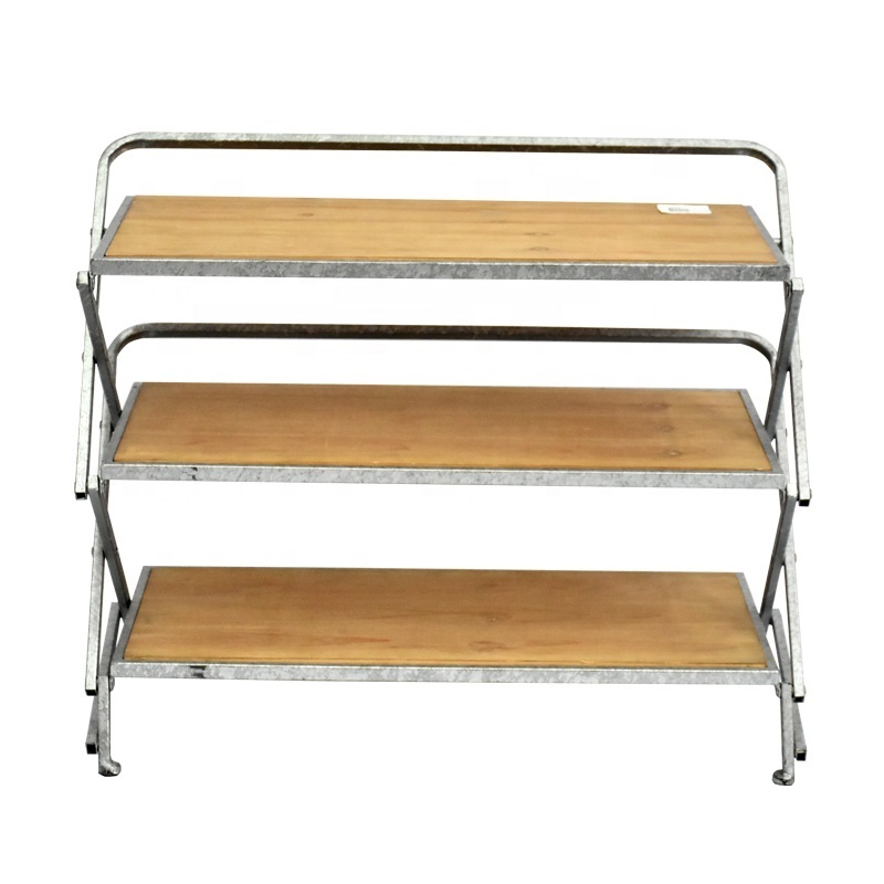 Foldable Antique Wooden Metal Shoe Rack, Vintage Industrial Shoe Rack Simple Designs , 3 tier Wooden Shoes Display Stand Rack