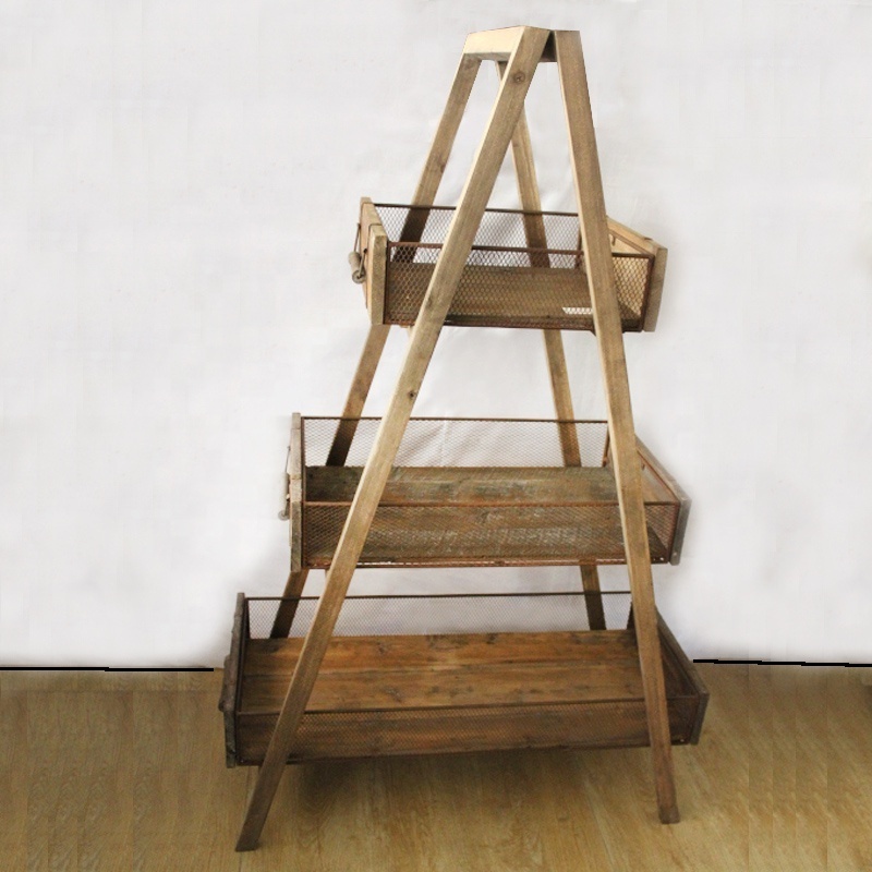 triangle portable folding handmade vintage wood 3 tier shelf