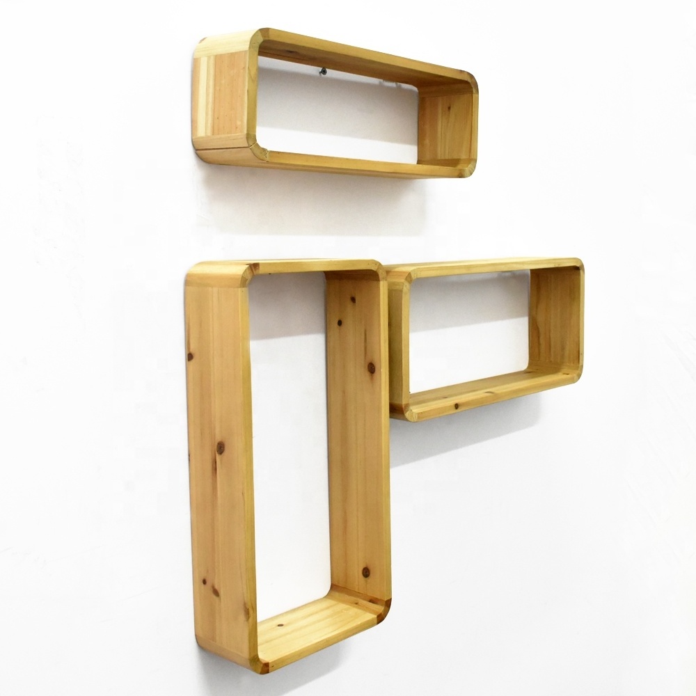 Set of 3 Wall Mounted Rectangle Shelf Wooden Floating Shelves Hanging Storage Display Shelf Wall Decor for Living Room Bedroom