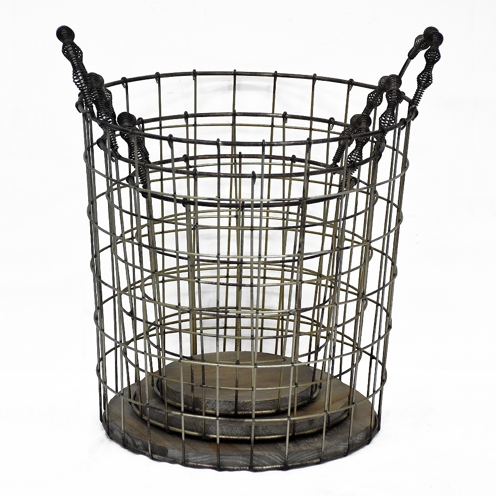 Luckywind Wooden Bottom Antique vintage Industrial Metal Wire Storage Basket With Handle