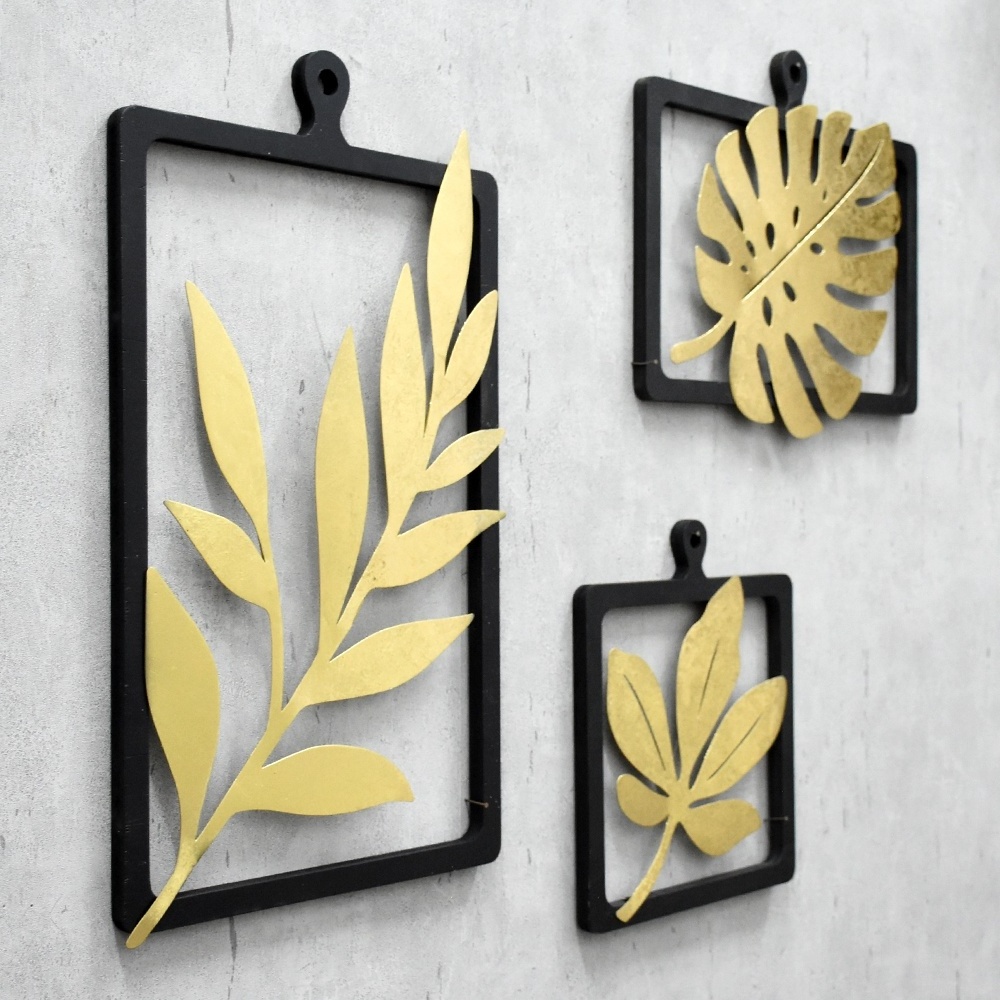 Wall Decor Interior Pieces Luxury Display Gold House Wood Frame Wrought Iron Meta Wall Art Hanging Leaf Flower Home Wall Decor