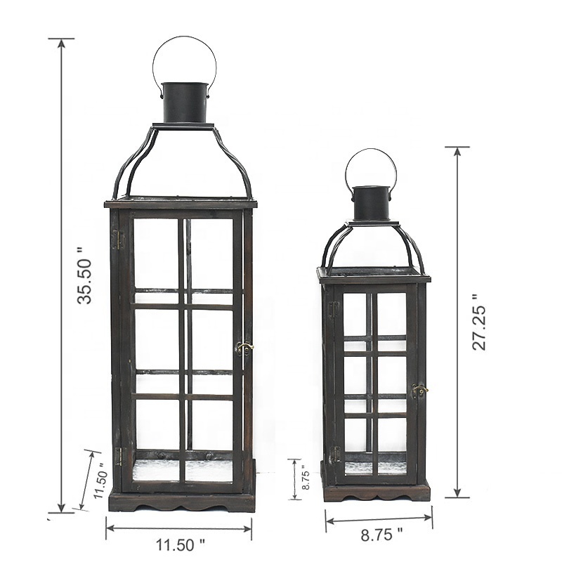 Luckywind Set of 2 Large Rustic Farmhouse black Tall hurricane Lantern outdoor Garden Decor Wood LED Candle Holder Lantern