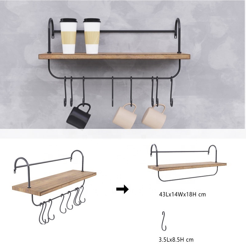 Simple Towel Bar Bathroom Kitchen Wall Rack Shelf Wood Wall Hanger Hook Wooden Wall Shelf With 6 Hooks For Mugs cooking utensils