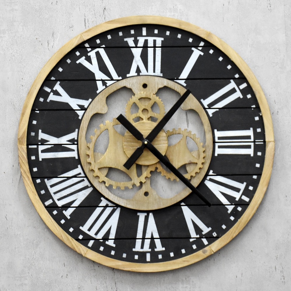 Luckywind 80cm American Design Black Brown Wood Frame Shiplap Gears Large Farmhouse MDF Wooden Wall Clock