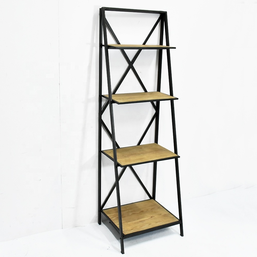 Modern Antique Design 4 Tier Metal Wooden Bookcase, Folding Decorative Industrial Metal Wood Ladder Book Shelf, Wood BookShelf