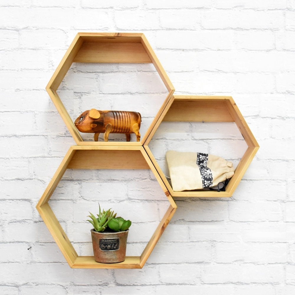 Hexagon Floating Shelf Honeycomb Geometric Wall Decor, Wall Mounted Wooden hexagon Display Shelf Farmhouse Rustic Kitchen Decor