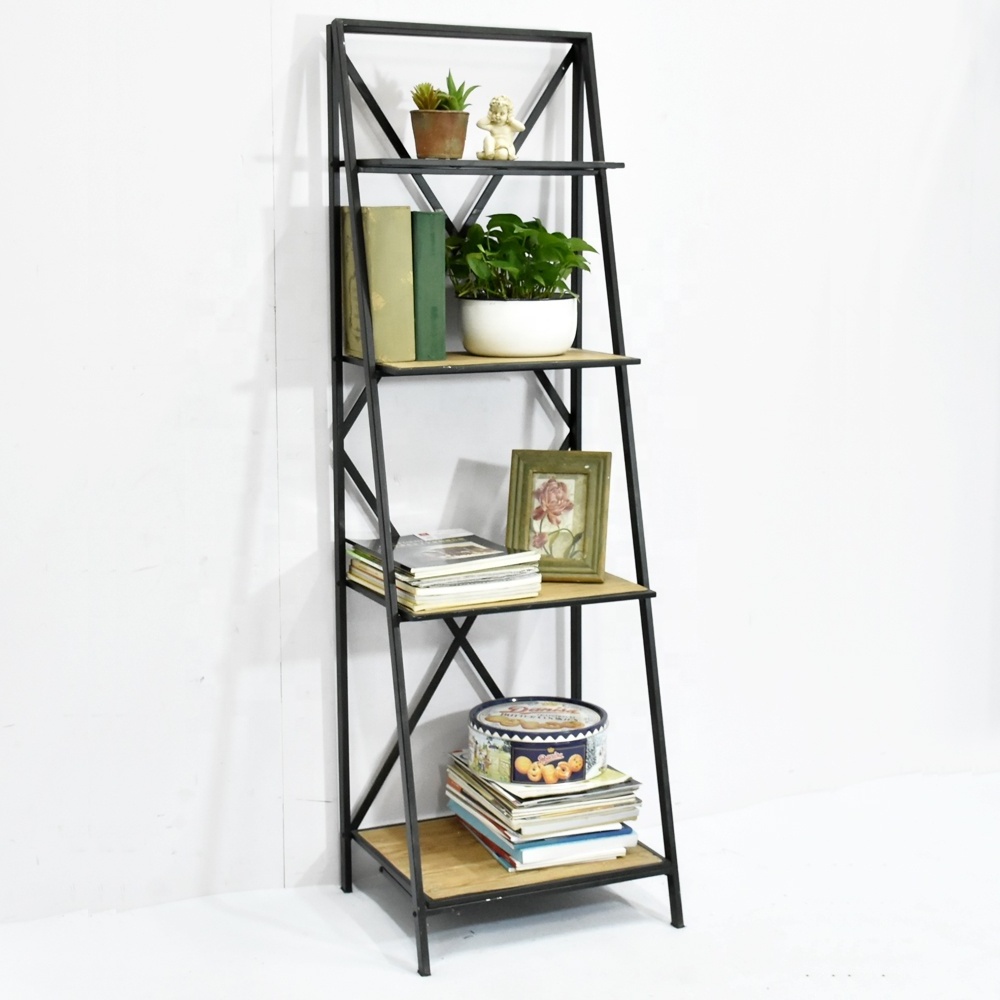 Modern Antique 4 Tier foldable Metal Wooden Bookcase, Folding Decorative Industrial Metal Wood Ladder Book Shelf, Wood BookShelf