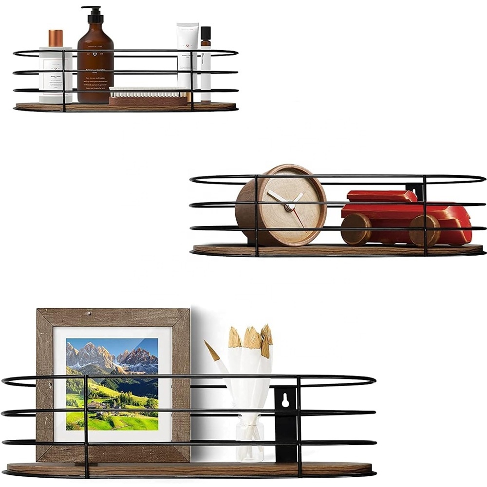 Oval Floating Wall Shelves Set oF 3, Wood Metal Wire Frame Rustic Hanging Shelves Wall Mounted Display Shelf For Kitchen Bedroom