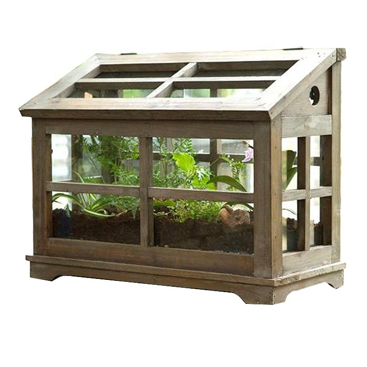 Luckywind FSC Wood Frame Farmhouse Vintage Handicraft Garden Small Mini Glass Greenhouse