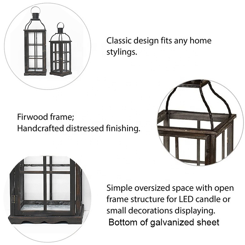 Luckywind Set of 2 Large Rustic Farmhouse black Tall hurricane Lantern outdoor Garden Decor Wood LED Candle Holder Lantern