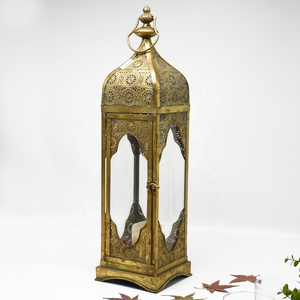 Luckywind Large Antique Golden Leaf Vintage Moroccan Metal Lantern Candle Holder