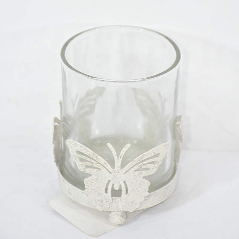 Antique white metal Glass Tea Light Candle Holders With Butterfly