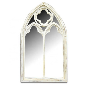 Luckywind White Handmade Antique Decorative Arched Door Wood Mirror, Vintage Primitive Country Style Farmhouse Wall Decor Mirror