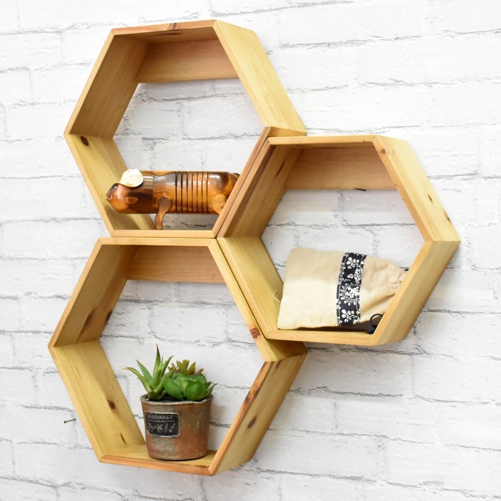 Hexagon Floating Shelf Honeycomb Geometric Wall Decor, Wall Mounted Wooden hexagon Display Shelf Farmhouse Rustic Kitchen Decor