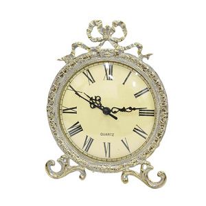 Shell Antique Vintage Golden Pewter Table Clock Small Decorative Plexiglass with Antique Bow French Style Table Clock