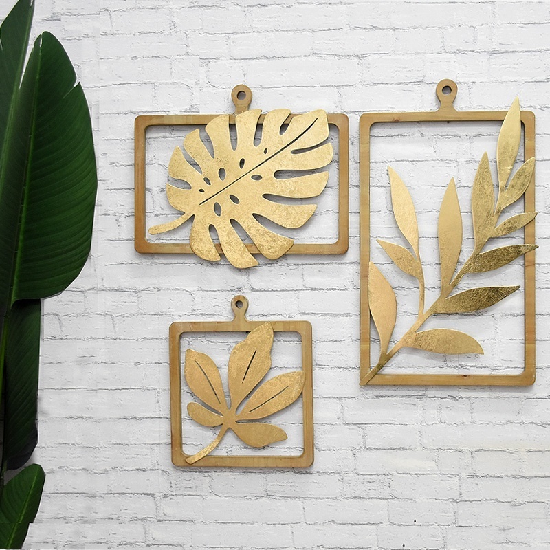 Home Interior House Bedroom Display Lobby Gold Wood Frame Wrought Iron Metal Hanging Flower Leaf Art Wall Decor For Living room