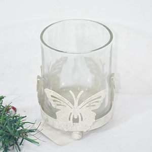 Antique white metal Glass Tea Light Candle Holders With Butterfly