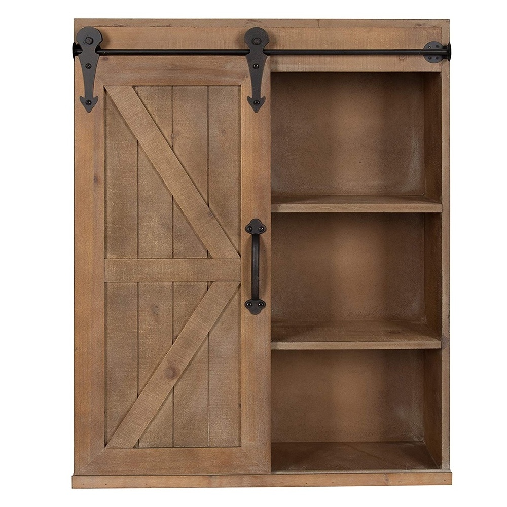 Luckywind Farmhouse Rustic Small Brown Wood Wall Storage Shelf Cabinet with Sliding Barn Door