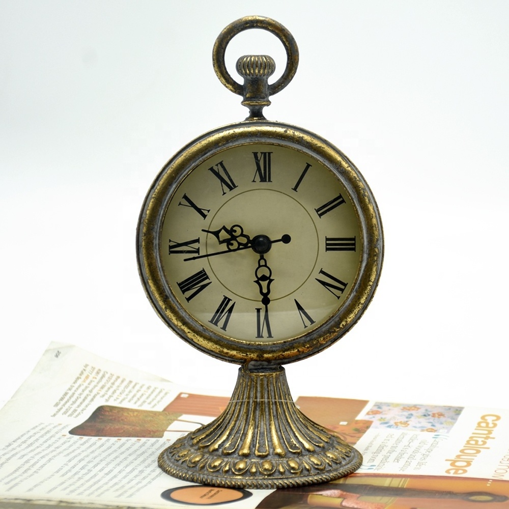 Antique French Golden Decorative Pewter Battery Operated Desk Clock for Living Room Bathroom Shelf Vintage Mantle Table Clock