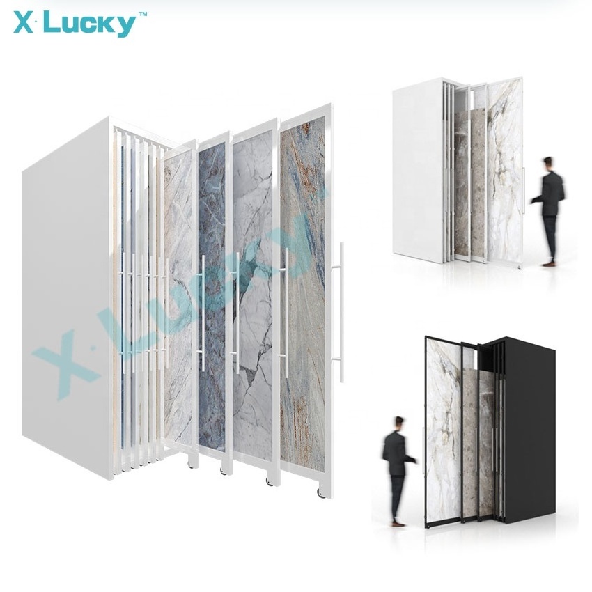 Factory Design Metal Sample Shelf Marble Granite Quartz Sintered Stone Sliding Slab Ceramic Tile Floor Display Stand Rack