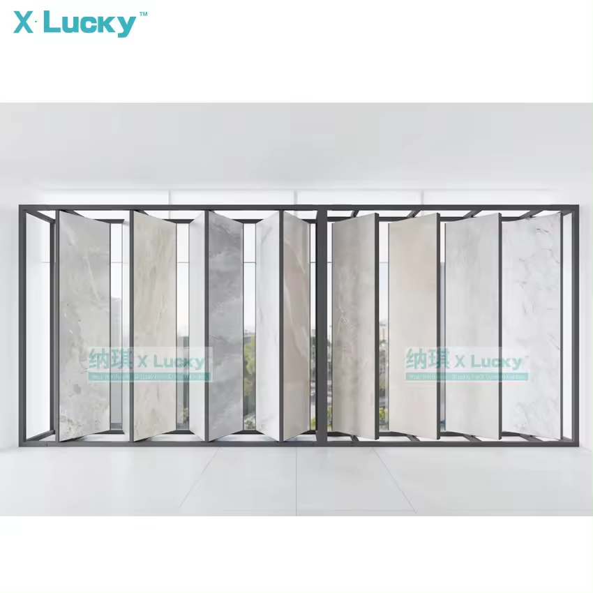 New style page turning tile display stand for mosaic marble tile sample board rotate stone stainless display pedestal rack