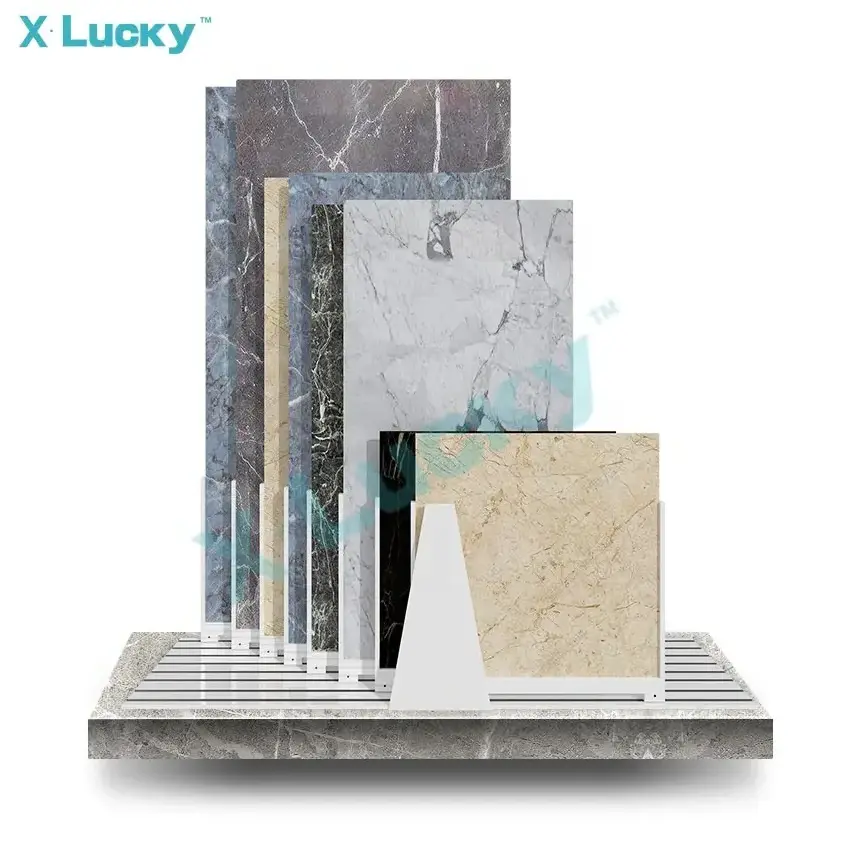 High quality quartz stand modern push pull display tile shelf wholesale big panel pull push marble display rack