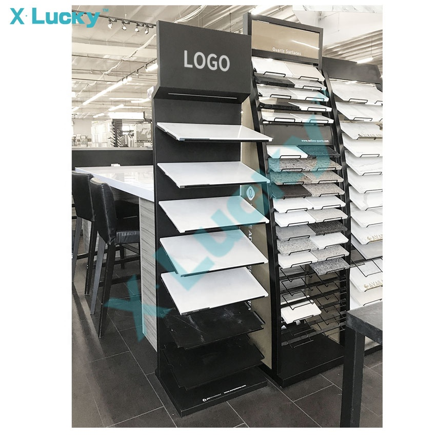 Lucky Factory Sample Floor Standing Marble Quartz Display Stand With Lights Flooring Stone Tower Ceramic Tile Display Rack