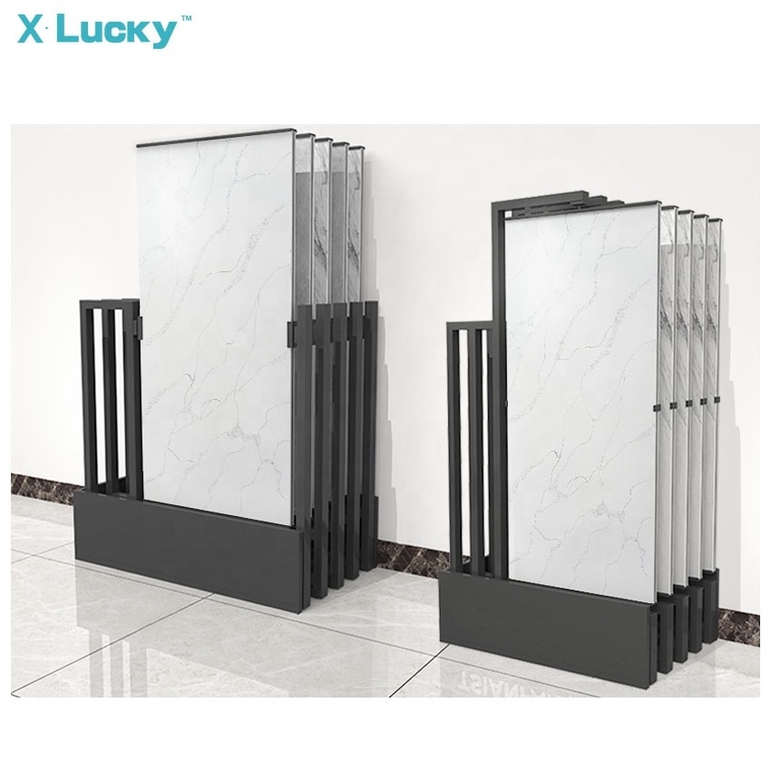 High Quality Rotating Granite Display Rack Push-Pull Tile Displays Show Shelf Quartz Exhibit Stand On Grey Corner Demonstrate