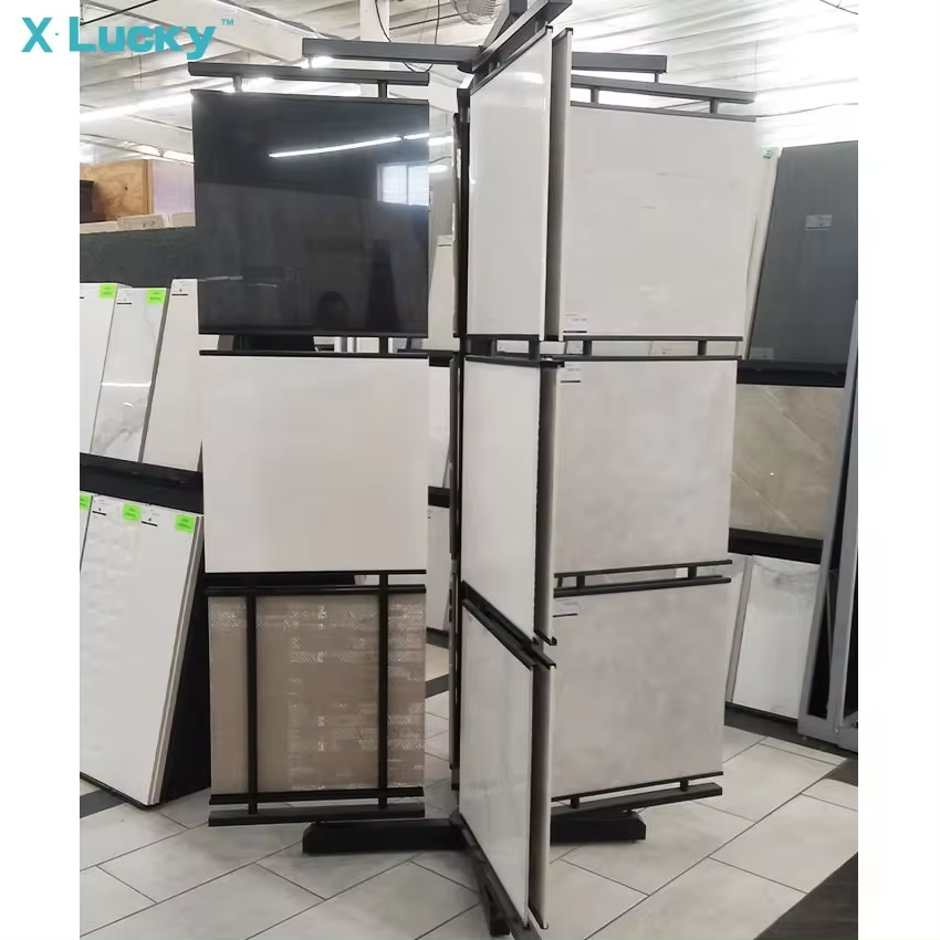 Customize size logo simple carpet tile display rack floor carpet shelf rotatable stone slab display stand ceramic