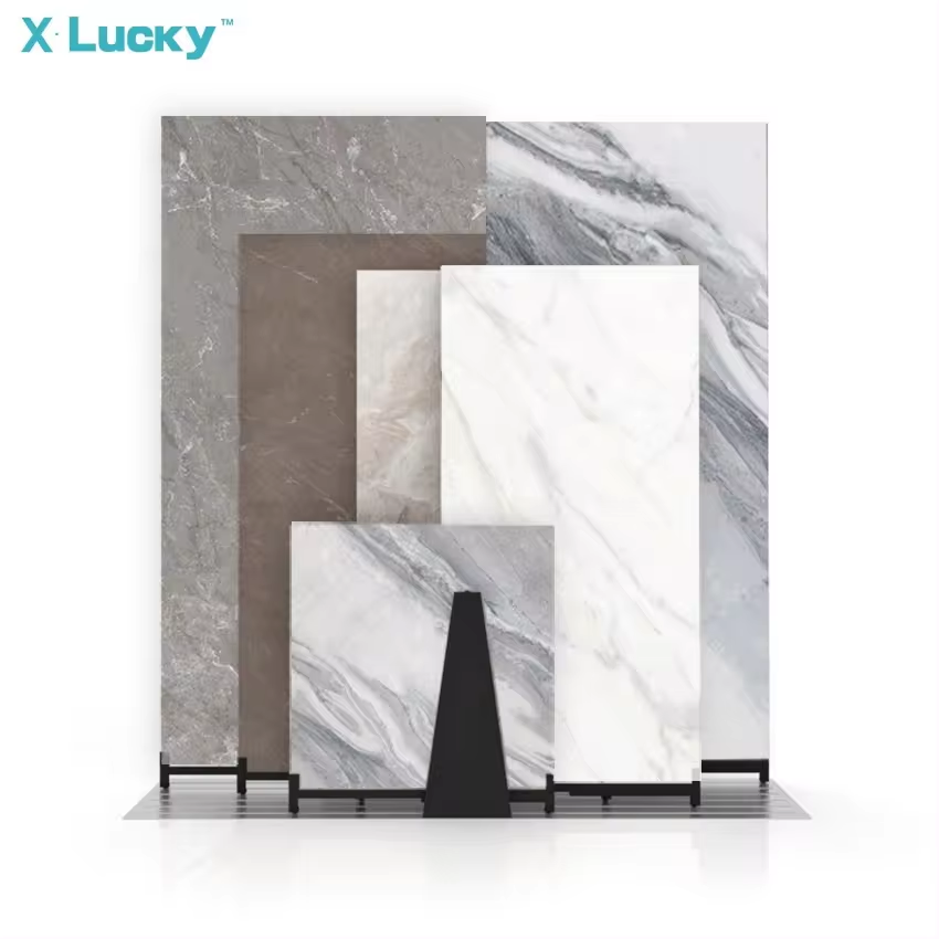 Modern luxury shelf shine tile stone horizontal push-pull tiles display stand showroom slab slide marble tile display rack