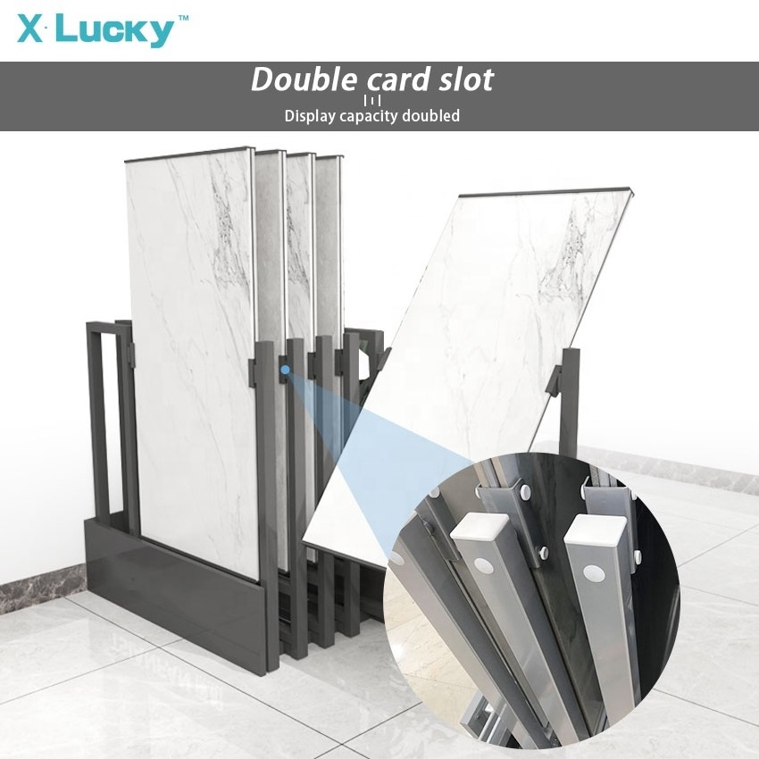 High Quality Rotating Granite Display Rack Push-Pull Tile Displays Show Shelf Quartz Exhibit Stand On Grey Corner Demonstrate